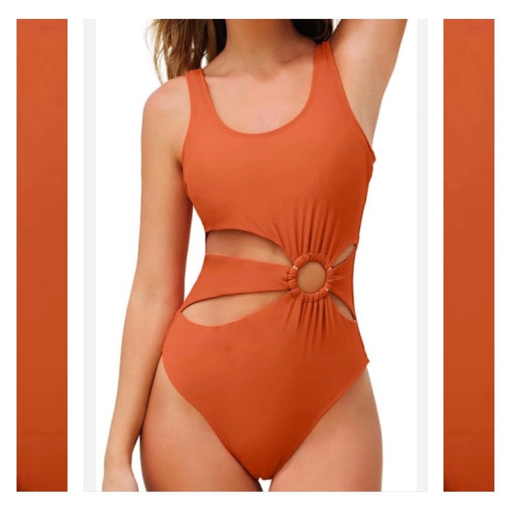 CUPSHE One Piece Swimsuit Cutout Scoop Neck Wide Straps O Ring Orange Large